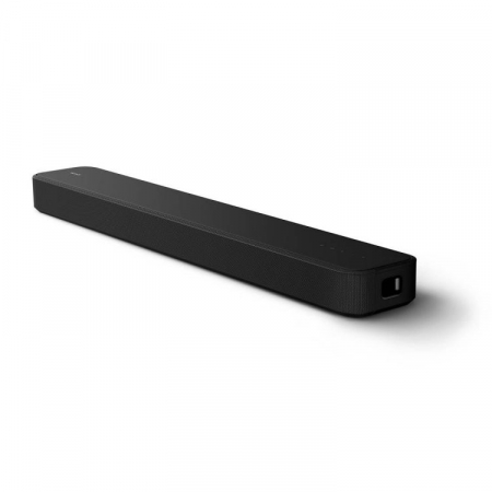 Svart soundbar med en slank design och knappkontroller på ovansidan.