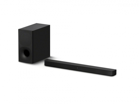 Svart soundbar med trådlös subwoofer.