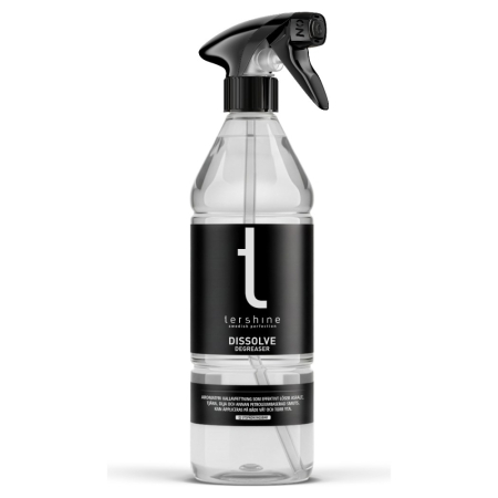 Tershine Dissolve - Degreaser, kallavfettning, 1 L En transparent sprayflaska med svart etikett för avfettning.