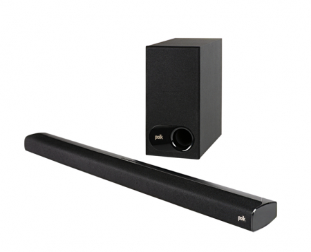 En svart soundbar med en trådlös subwoofer.