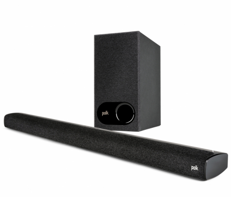 En svart soundbar med en trådlös subwoofer.