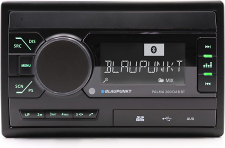 En bilstereo med Bluetooth, DAB-radio och dubbdin-design.