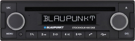 Retro bilstereo med Bluetooth och DAB+, svart design med knappar och display.