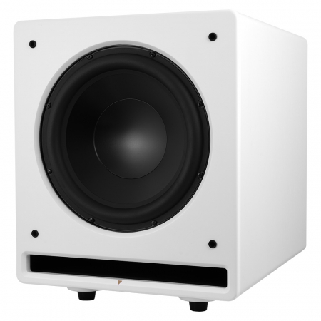 Vit aktiv subwoofer med svart membran och stilren design.