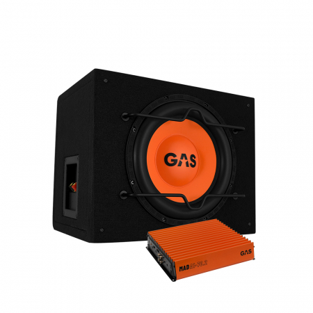 En subwoofer med förstärkare från GAS i svart och orange design.